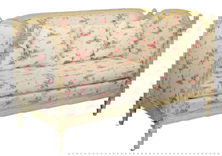 French Louis XVI style painted settee/day bed with red and white toile upholstery: French Louis XVI style painted settee/day bed with red and white toile upholstery. 38 1/4"h x 63 3/4"w x 29"d x 20 1/4". Seat: 19 1/2"h