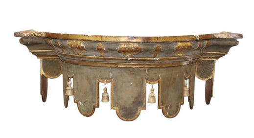 Italian bed canopy (corona) carved like curtain panels with tassels