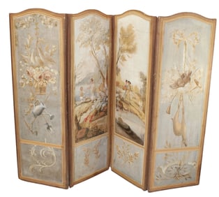 French oil on canvas 4 panel screen with classical scenes