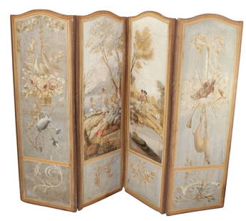 French oil on canvas 4 panel screen with classical scenes: French oil on canvas 4 panel screen painted with classical scenes. 19th century. From a chateau in Bordeaux. Each panel measures 61 1/2"h x 21"w