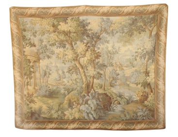 French machine woven verdure tapestry with landscape & gazebo