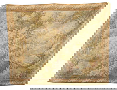 French machine woven verdure tapestry with landscape & gazebo: French machine woven verdure tapestry with landscape & gazebo. Mid 20th century. 67"h x 88"w