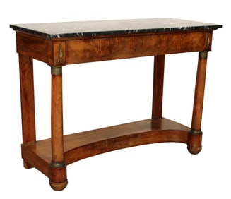 French Empire burled walnut console with black marble top