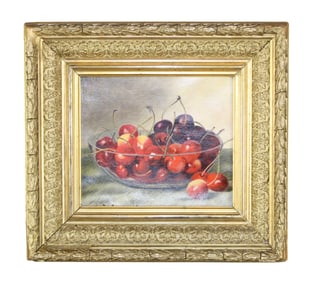 Oil on canvas painting of still life with cherries. Signed J. Raadt