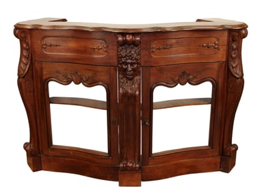 French front bar with carved Bacchus head and glass doors