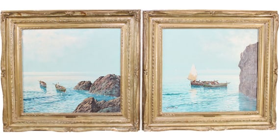 Lot of 2 Italian (Carallino) oil on canvas paintings of coastal landscapes