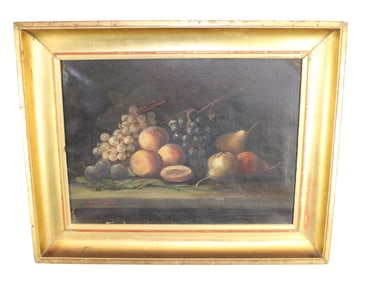 French oil on canvas painting of sill life with fruit