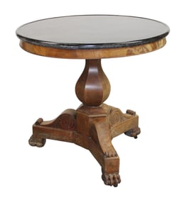 French Empire style gueridon table with in walnut with black marble top on paw feet