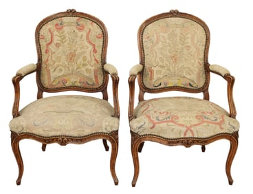Pair of French Louis XV needlepoint upholstered armchairs