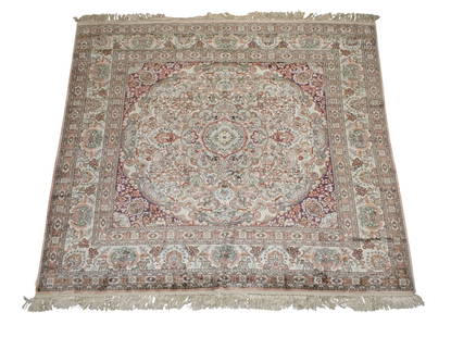 Fine silk rug 5' x 5': Fine silk rug 4'11.5" x 5' (not including the fringe) 4' 11.5" x 5'6" including the fringe.