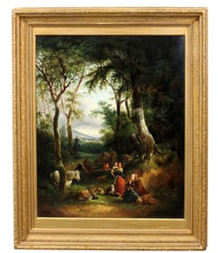Oil on canvas painting depicting villagers in a forest