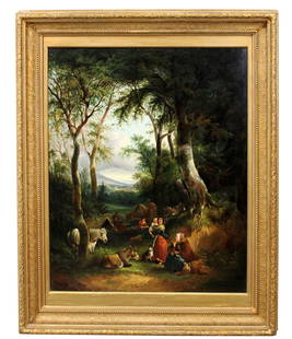 Oil on canvas painting depicting villagers in a forest: Oil on canvas painting depicting villagers in a forest. Giltwood frame. Early 20th century. Overall framed size 52 1/2"h x 42 1/2"w. Sight size 39 3/4"h x 32"w