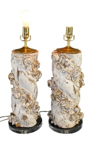 Pair of Italian carved wood fragment lamps on Lucite bases