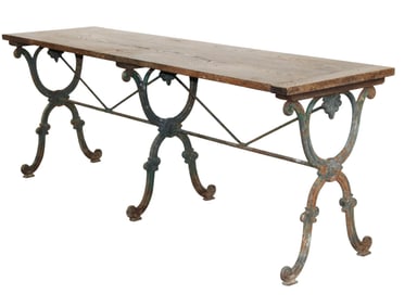 French triple pedestal table on iron with painted finish and wood top
