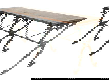French triple pedestal table on iron with painted finish and wood top: French triple pedestal table on iron with painted finish and wood top. 28"h x 75 1/4"w x 21 1/2"d