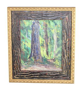 A.J. Hammond (American, b. 1975)  Oil on board painting trees in forest: A.J. Hammond (American, b. 1975) Oil on board painting trees in forest Signed lower right A.J. Hammond. Overall framed size 13 1/4"h x 11 1/2"w, sight size 8 7/8"h x 7 1/8"w. Weight: 1lb