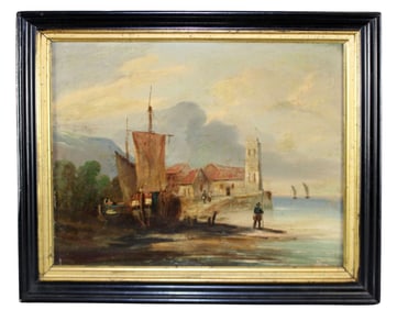 French oil on canvas painting coastal scene