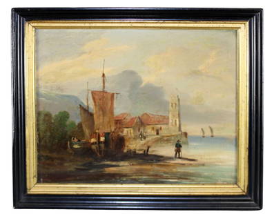 French oil on canvas painting coastal scene: French oil on canvas painting coastal scene. Late 19th century. Overall framed size 18 1/4"h x 21 1/8"w, sight: 14"h x 17 1/8"w. Weight: 3lb