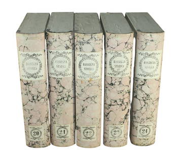 Lot of 5 Italian faux book file folio boxes: Lot of 5 Italian faux book file folio boxes. Each measures approx.: 15 5/8"h x 11"w x 3 1/4"d. Total weight: 8lbs