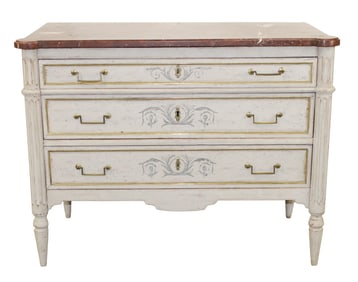 French Louis XVI 3 drawer commode with painted finish and a marble top
