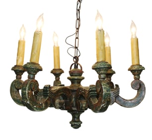 French carved wood 6 light chandelier with green painted finish