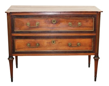 French Louis XVI 2 drawer commode in walnut with bronze trim