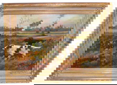 Dutch oil on canvas painting of two English Setters in a hunting scene, signed and dated l/r