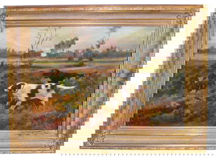 Dutch oil on canvas painting of two English Setters in a hunting scene, signed and dated l/r: Dutch oil on canvas painting of two English Setters in a hunting scene. Signed l/r M. Vandewanlyn (sp) and dated 6 - 9 -51. Overall: 26 1/4"h x 34"w. Sight size: 18 1/4"h x 26 1/4"w. Weight: 11lbs