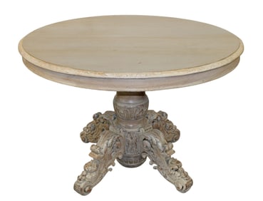 French painted pedestal base table in carved oak