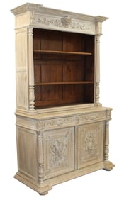 French hunt motif buffet deux corps with open shelves in weathered finish