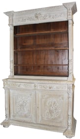 French hunt motif buffet deux corps with open shelves in weathered finish