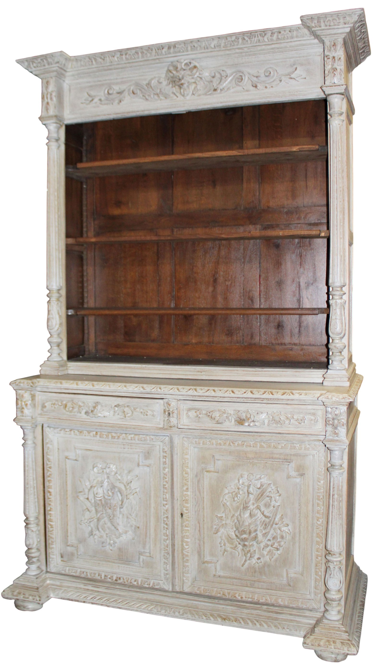 French hunt motif buffet deux corps with open shelves in weathered finish (1 of 11)