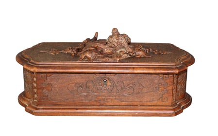Black Forest carved walnut dresser box with birds