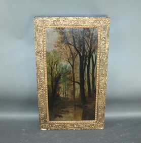Continental oil on canvas painting of forest with trees and cows