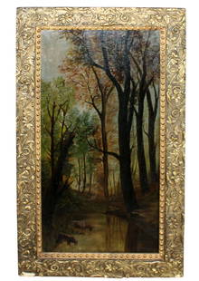 Continental oil on canvas painting of forest with trees and cows: Continental oil on canvas painting of forest with trees and cows Overall 28 1/4"h x 16 1/2"w, Sight 23 1/2"h x 11 1/2"w Weight 5 lbs.