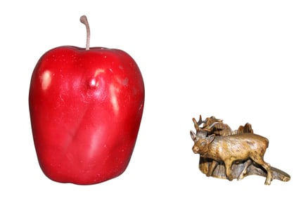 Miniature bronze matches holder with elk by tree trunk