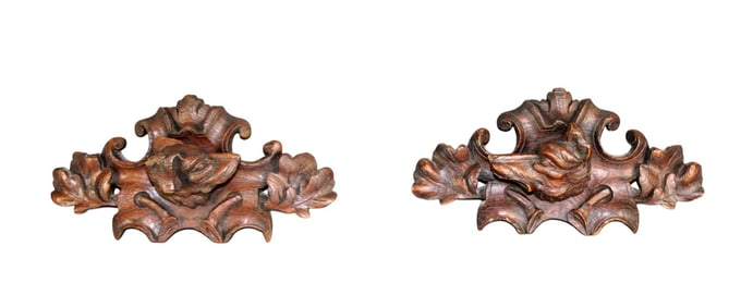 Lot of 2 French relief carved oak wall plaques with dog heads