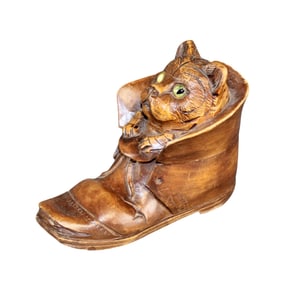 Black Forest carved walnut cat in boot inkwell