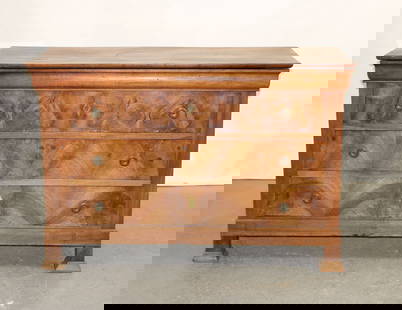 French Louis Philippe 3 drawer commode in walnut with burled drawers: French Louis Philippe 3 drawer commode in walnut with burled drawers. 19th century. 36 3/4"h x 54 1/4"w x 23 3/8"d