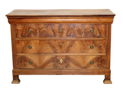French Louis Philippe 3 drawer commode in walnut with burled drawers: French Louis Philippe 3 drawer commode in walnut with burled drawers. 19th century. 36 3/4"h x 54 1/4"w x 23 3/8"d