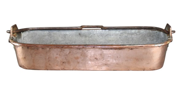 French polished copper fish poacher with iron handle