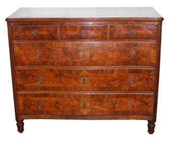 French 3 over 3 drawer banded burled walnut commode
