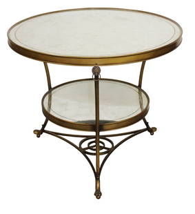 Hollywood Regency round gueridon table with mirrored top: Hollywood Regency round gueridon table in bronze and iron with mirrored top and lion heads. 21st century. 30 1/2"h x 36" dia