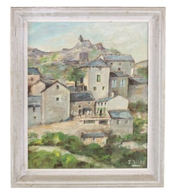 French oil on board painting of village