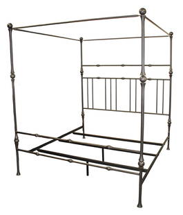 After Giacometti king size iron canopy bed: After Giacometti king size iron canopy bed. Signed on headboard Gabrielli '09. 89 1/2"h x 78"w x 86"d. Mattress size: 82"l x 76"w