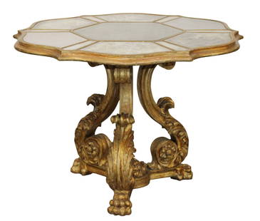 Venetian gilt painted foyer table with mirrored top: Venetian gilt painted foyer table with mirrored top. Mid 20th century. 30 1/4"h x 41 1/2"diam