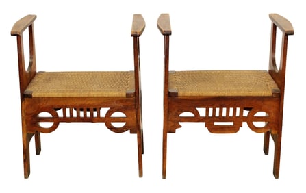 Pair of French mid century stools with woven seats