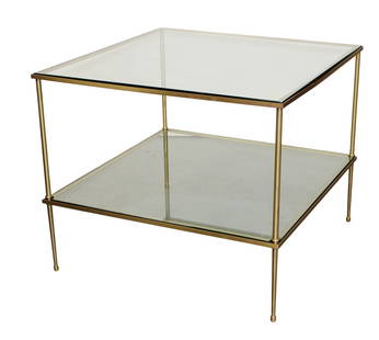 French brass and glass tiered square coffee table: French and glass tiered square coffee table. Circa 1960's. 25"h x 30"sq