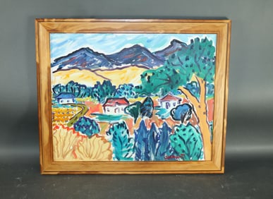 Oil on canvas painting of colorful landscape by Barbara Garurtz "On the Road to Taos"