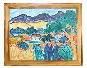 Oil on canvas painting of colorful landscape by Barbara Garurtz "On the Road to Taos"